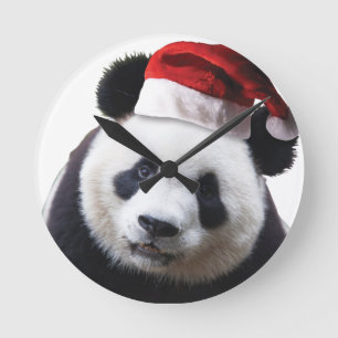 Christmas Panda Bear with Santa Hat Round Clock