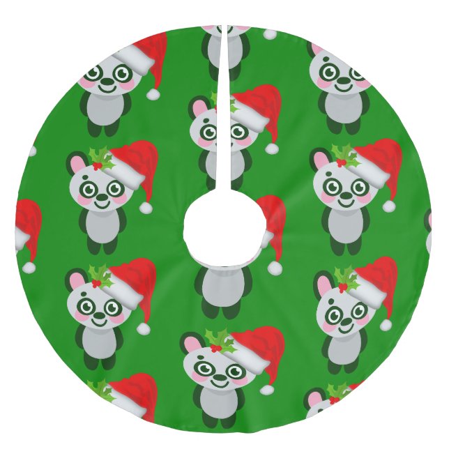 christmas panda santa claus brushed polyester tree skirt (Front)