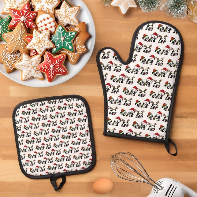 Christmas Pandas Kitchen Towel Oven Mitt & Pot Holder Set (Creator Uploaded)