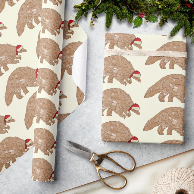 Christmas Pangolin Wearing a Santa Hat Wrapping Paper (Christmas pangolin wearing santa hat pattern wildlife holiday wrapping paper )