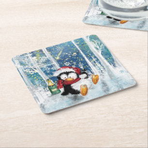 Christmas Paper Coaster with Happy Penguin