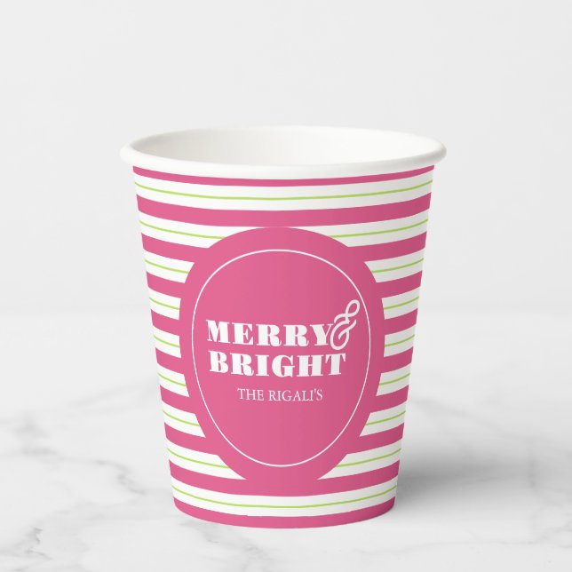Christmas Paper Cups Merry & Bright Pink and Green (Front)