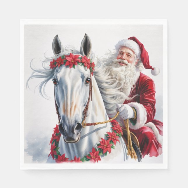 Christmas Paper Napkin Santa Riding a White Horse (Front)