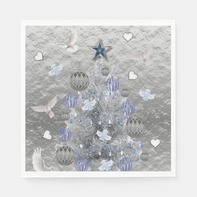 Christmas Paper Napkins, Merry Blue Silver Tree Napkin (Front)