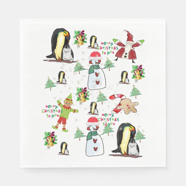 Christmas Paper Napkins, Merry Christmas Penguin  Napkin (Front)