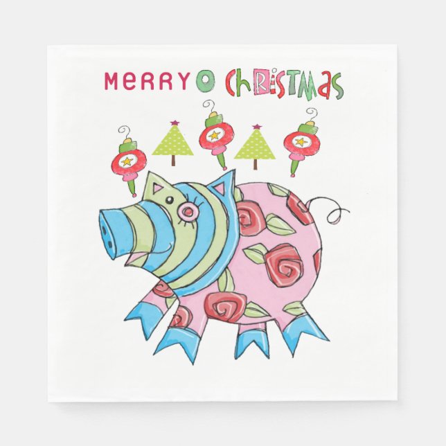 Christmas Paper Napkins, Merry Christmas Pink Pig  Napkin (Front)