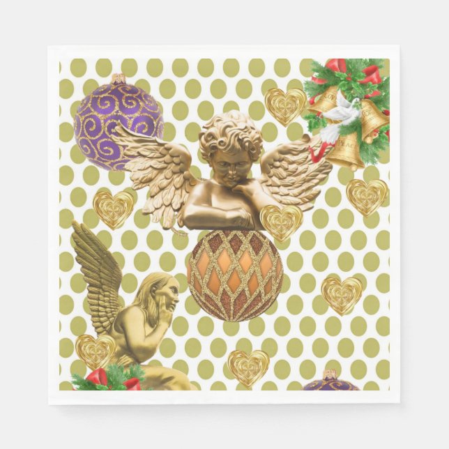 Christmas Paper Napkins, Merry Gold Angel Napkin (Front)