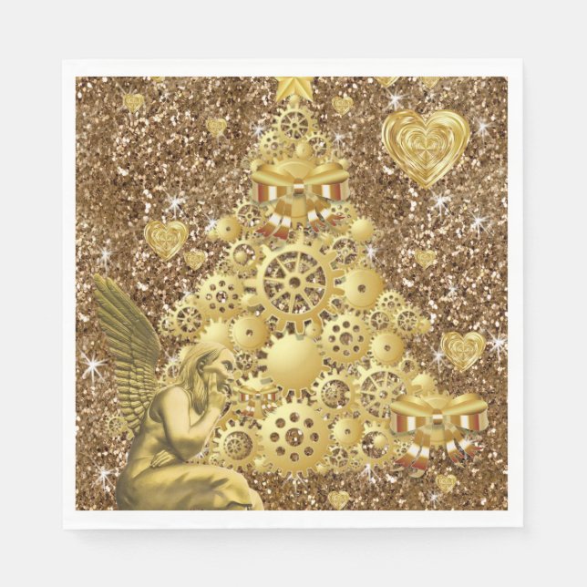 Christmas Paper Napkins, Merry Gold Angel Napkin (Front)