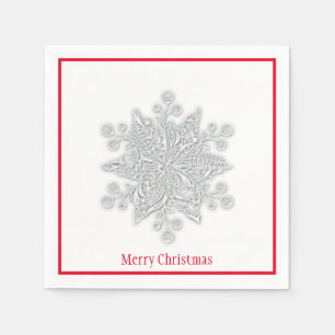Christmas Paper Napkins Silver Snowflake Red Trim