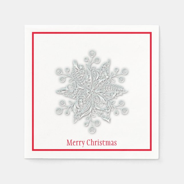Christmas Paper Napkins Silver Snowflake Red Trim (Front)
