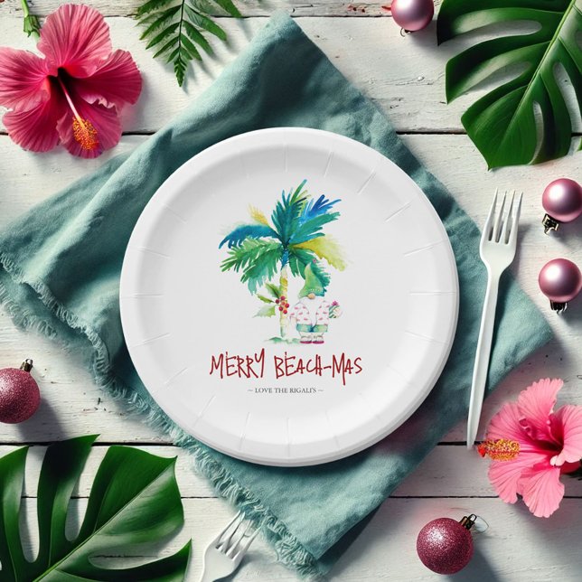 Christmas Paper Plates Cute Tropical Beach (Tropical Christmas paper plates beach-mas watercolor art by Victoria Grigaliunas Do Tell A Belle)