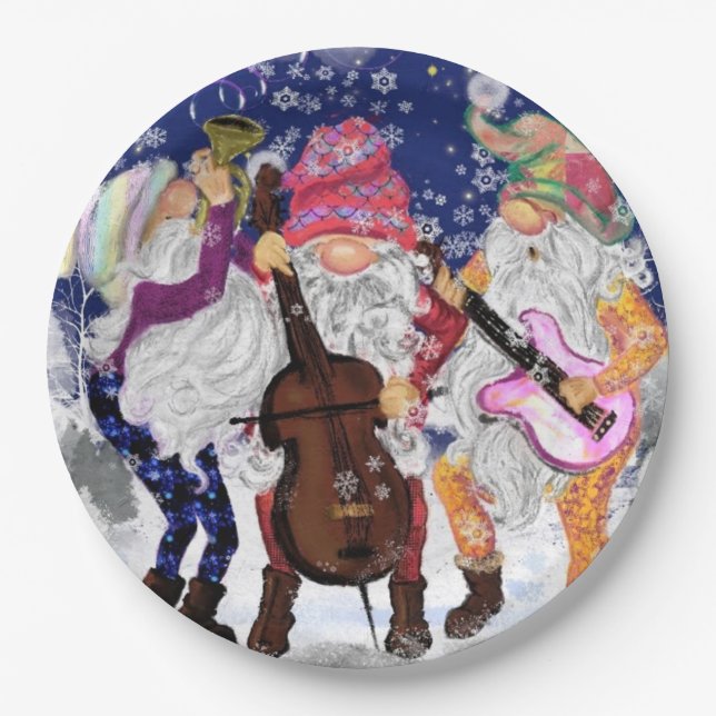 Christmas Paper Plates Happy Gnomes Music Band (Front)