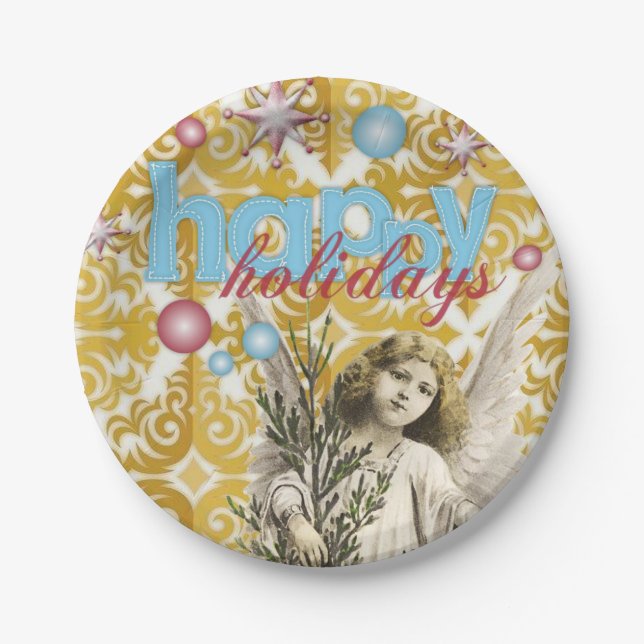 Christmas Paper Plates, Happy Holidays Angel Paper Plate (Front)