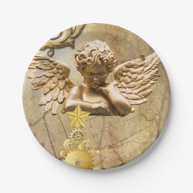 Christmas Paper Plates, Merry Christmas Gold Angel Paper Plate (Front)