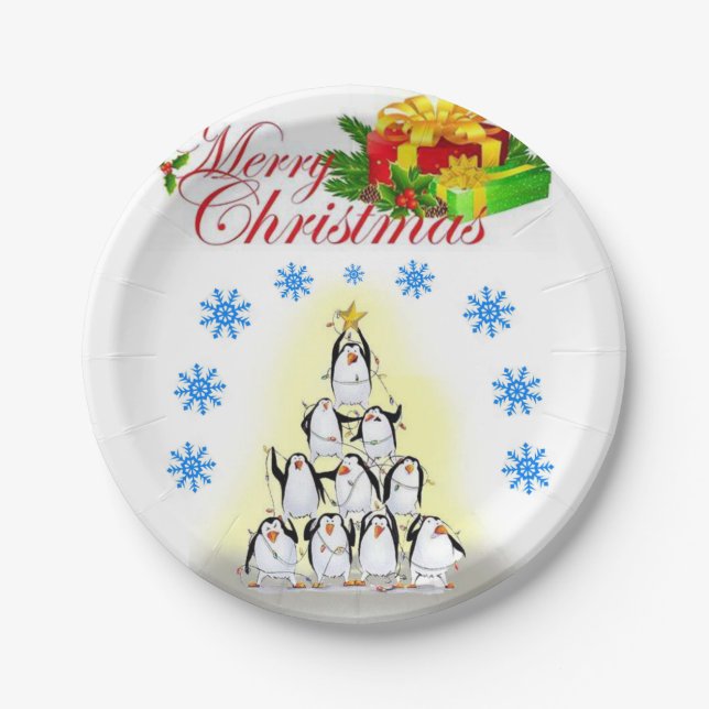 Christmas Paper Plates, Merry Christmas Penguin Plate (Front)