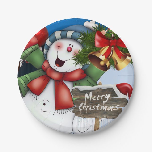 Christmas Paper Plates, Merry Christmas Snowman Plate (Front)