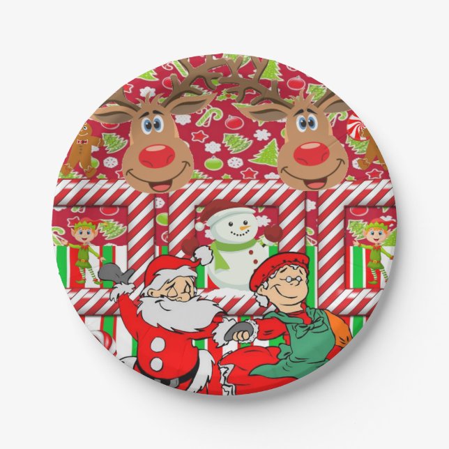Christmas Paper Plates, Merry Reindeer Santa Elf Paper Plate (Front)