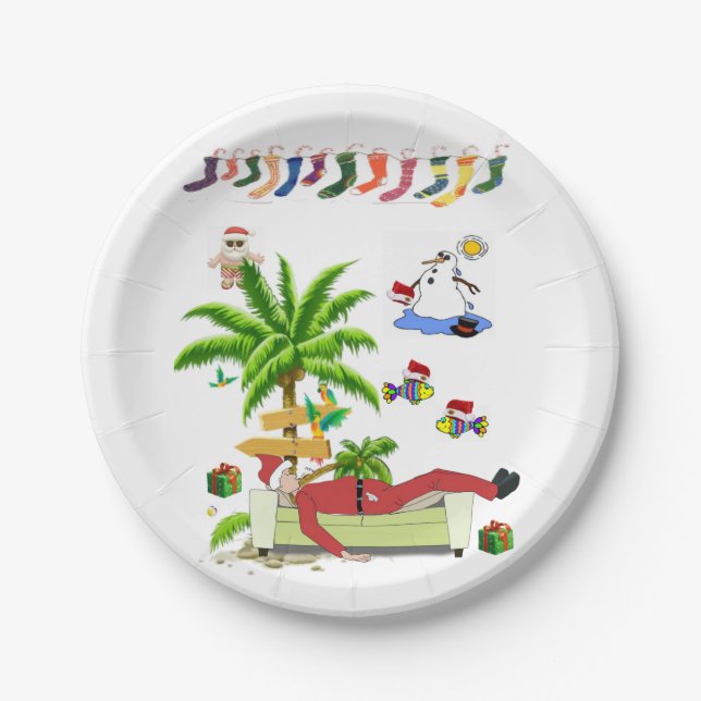Christmas Paper Plates, Summer Beach Bum Santa Paper Plate (Front)