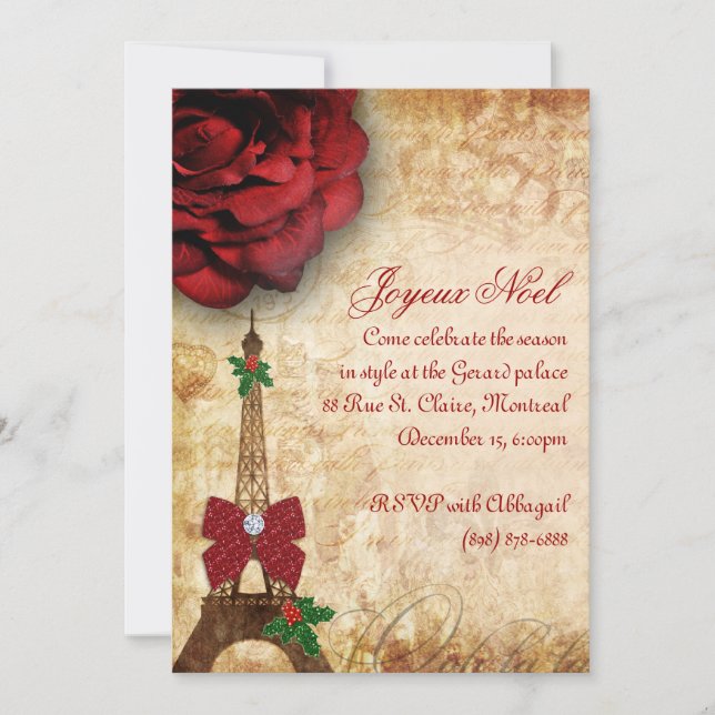 Christmas Paris Card Eiffel Tower Vintage Rose 2 (Front)