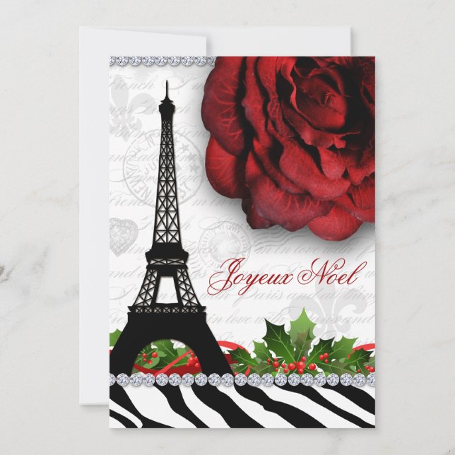 Christmas Paris Eiffel Tower Zebra Rose Flower Invitation (Back)