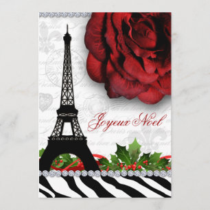 Christmas Paris Eiffel Tower Zebra Rose Flower Invitation