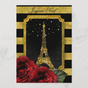 Christmas Paris Rose Eiffel Tower Gold Stripe Invitation