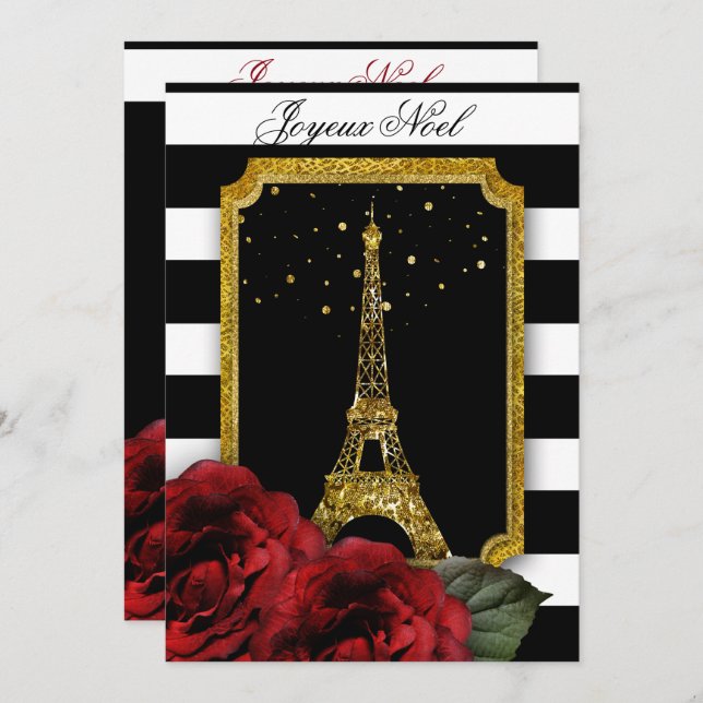 Christmas Paris Rose Eiffel Tower White Stripe Invitation (Front/Back)