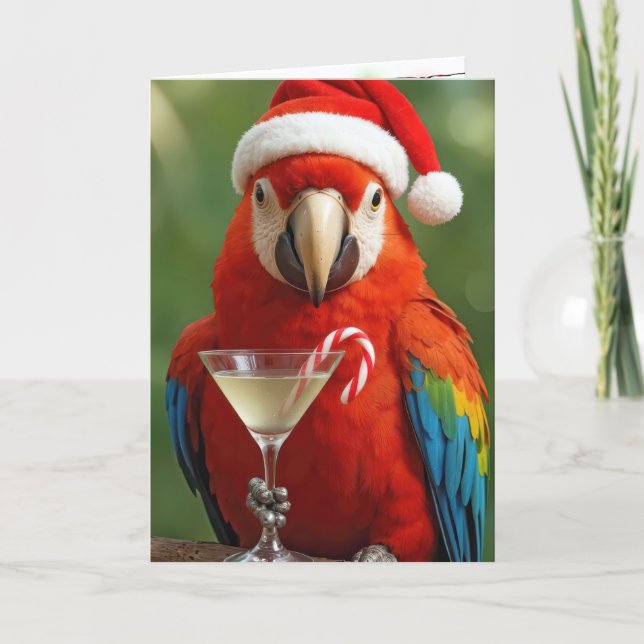 Christmas Parrot Holding a Cocktail Card (Front)