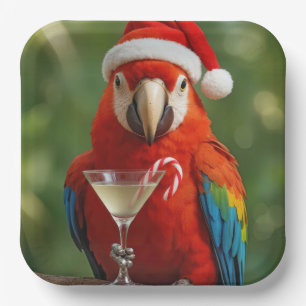 Christmas Parrot Holding a Cocktail Paper Plate
