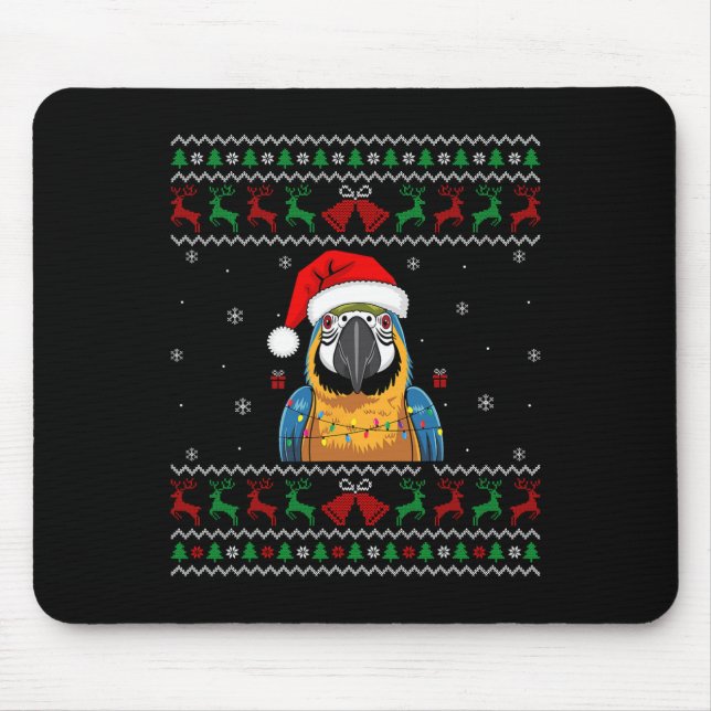 Christmas Parrot Ugly Sweater Santa Hat Lights Bir Mouse Pad (Front)