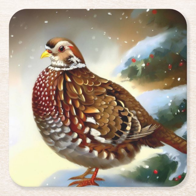 Christmas Partridge 1 Square Paper Coaster (Front)