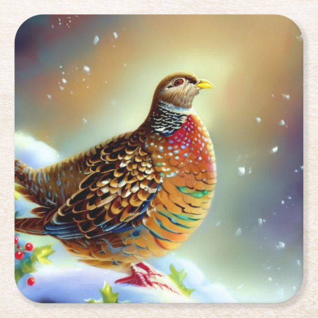 Christmas Partridge 3 Square Paper Coaster (Front)