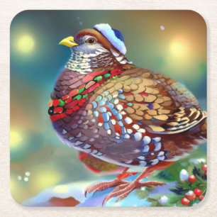 Christmas Partridge 4 Square Paper Coaster