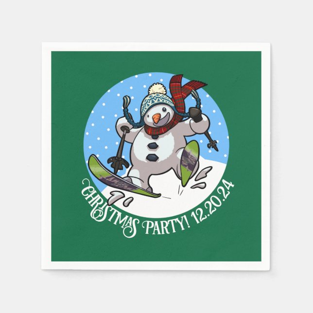 Christmas Party Add The Date Skiing Snowman Napkin (Front)