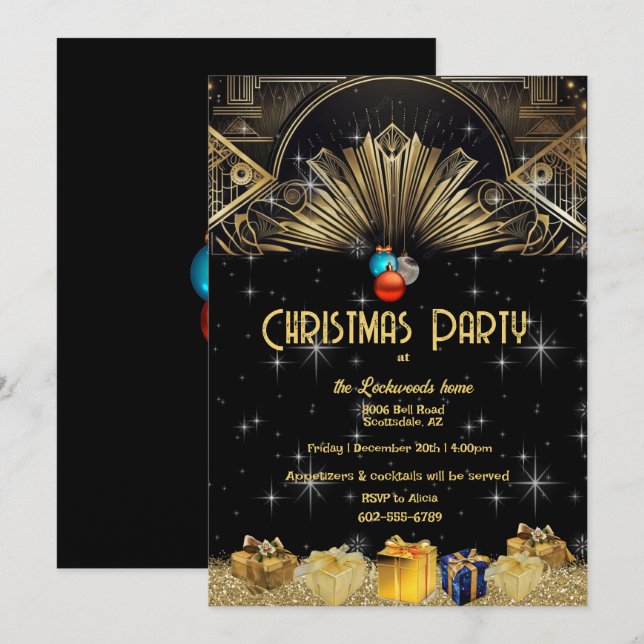 Christmas Party Art Deco Gold Black  Invitation (Front/Back)