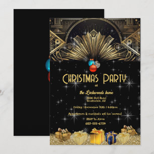Christmas Party Art Deco Gold Black  Invitation