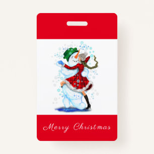 Christmas Party Badge Snowman and Girl Dance ID Badge