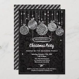 Christmas party black and silver ornaments invitation