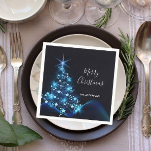 Christmas party black blue modern tree napkin