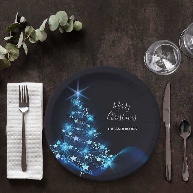 Christmas party black blue tree modern paper plate (Creator Uploaded)