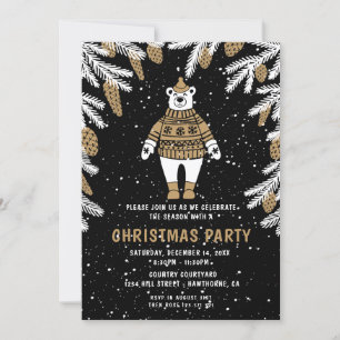 Christmas Party black & gold Bear Invitation