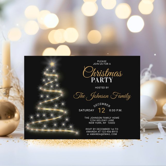 CHRISTMAS PARTY Black Gold Glitter Stars Tree Invitation (CHRISTMAS PARTY Black Gold Glitter Stars Tree Invitation)