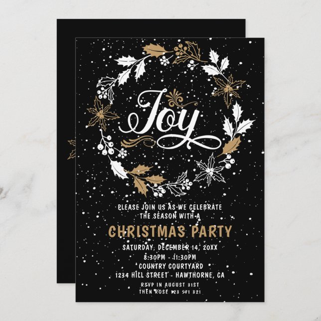 Christmas Party black & gold Joy Invitation (Front/Back)