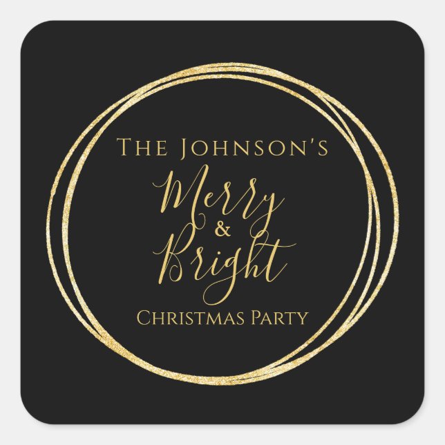 Christmas Party Black Gold Merry and Bright Square Sticker (Front)