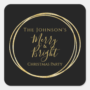 Christmas Party Black Gold Merry and Bright Square Sticker