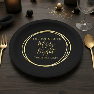 Christmas Party Black Gold Paper Plate
