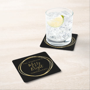 Christmas Party Black Gold Square Paper Coaster