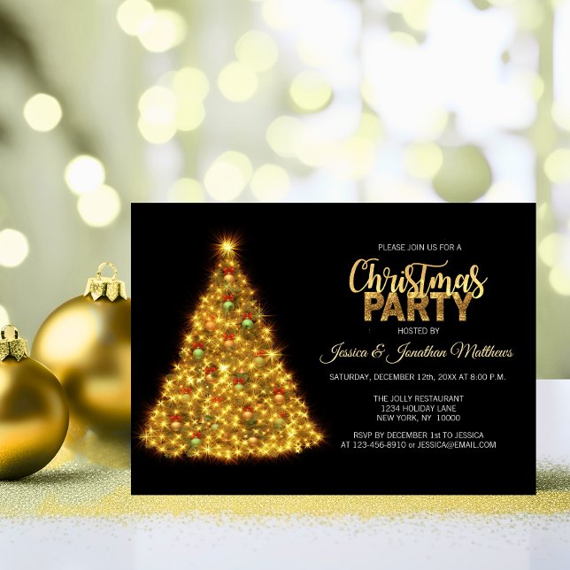 CHRISTMAS PARTY Black Gold Twinkle Lights Tree Invitation (CHRISTMAS PARTY Black Gold Twinkle Lights Tree Invitation)