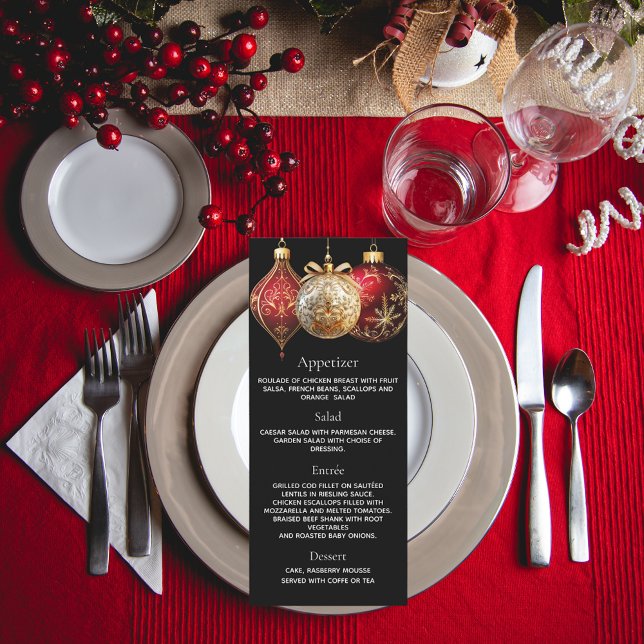 Christmas party black red gold baubles menu card (Creator Uploaded)