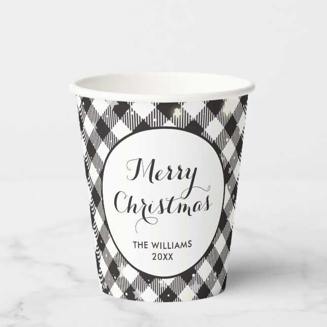 Christmas Party Black White Buffalo Plaid Paper Cups (Front)
